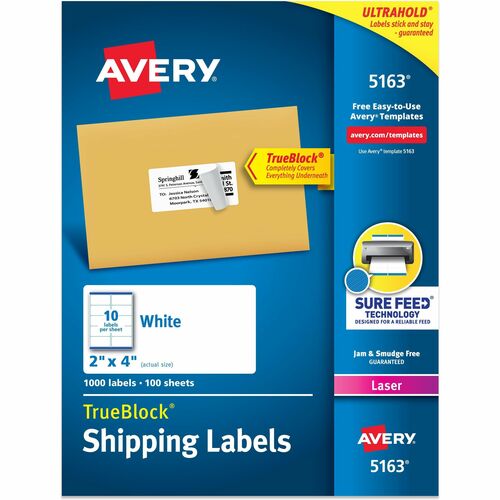 Avery® AVE5163 Easy Peel Address Label - Permanent Adhesive - 2" Width X 4" Length - 10 / Sheet - Rectangle - Laser, Inkjet - White - 1000 / Box