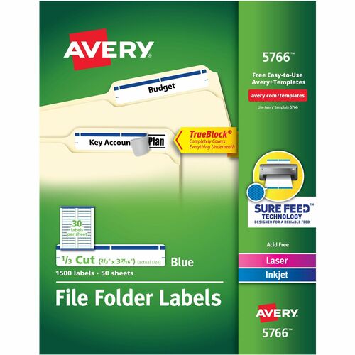 Avery® AVE5766 Filing Label - Permanent Adhesive - 0.66" Width X 0.33" Length, 0.33" Length - 30 / Sheet - Rectangle - Laser, Inkjet - Blue - 1500 / Box