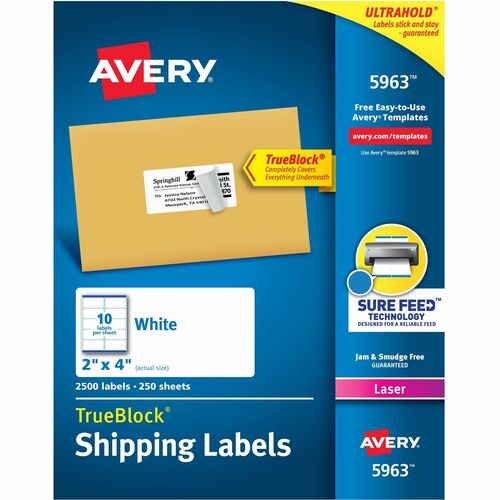 Avery® AVE5963 Easy Peel Address Labels - Permanent Adhesive - 2" Width X 4" Length - 10 / Sheet - Rectangle - Laser, Inkjet - White - 2500 / Box