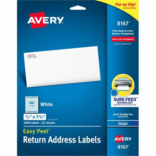 Avery® AVE8167 Easy Peel Address Label - 0.50" Width X 1.75" Length - 80 / Sheet - Rectangle - Inkjet - White - 2000 / Pack