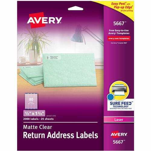 Avery® AVE5667 Easy Peel Mailing Label - Permanent Adhesive - 0.50" Width X 1.75" Length - 80 / Sheet - Rectangle - Laser - Clear - 2000 / Box