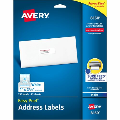 Avery® AVE8160 Easy Peel Address Label - 1" Width X 2.62" Length - 30 / Sheet - Rectangle - Inkjet - White - 750 / Pack