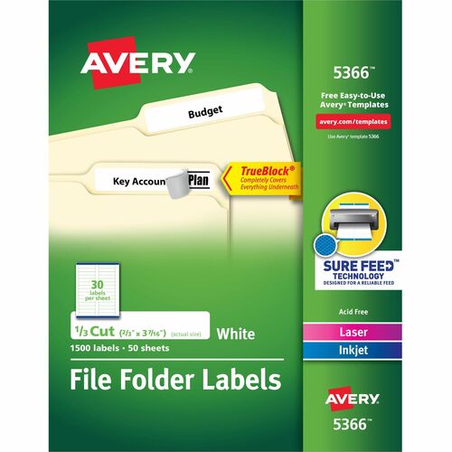 Avery® AVE5366 Filing Label - Permanent Adhesive - 0.66" Width X 3.43" Length, 0.33" Length - 30 / Sheet - Rectangle - Laser, Inkjet - White - 1500 / Box