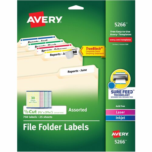 Avery® AVE5266 Filing Label - Permanent Adhesive - 0.66" Width X 3.43" Length, 0.33" Length - Rectangle - Laser, Inkjet - Assorted - 750 / Pack