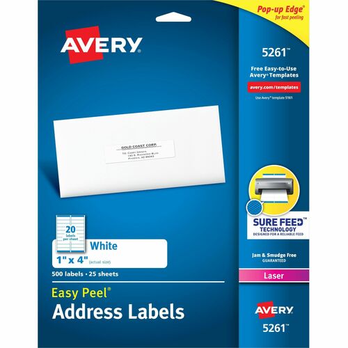 Avery® AVE5261 Easy Peel Address Label - Permanent Adhesive - 1" Width X 4" Length - 20 / Sheet - Rectangle - Laser - White - 500 / Pack