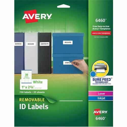 Avery® AVE6460 Id Label - Removable Adhesive - 1" Width X 2.62" Length - 30 / Sheet - Rectangle - Laser, Inkjet - White - 750 / Pack
