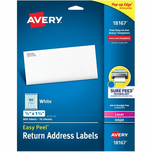 Avery® AVE18167 Return Address Label - 0.50" Width X 1.75" Length - Laser, Inkjet - White - 80 / Pack
