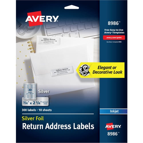 Avery® AVE8986 Silver Foil Mailing Label - 0.75" Width X 2.25" Length - 30 / Sheet - Rectangle - Inkjet - Silver - 300 / Pack