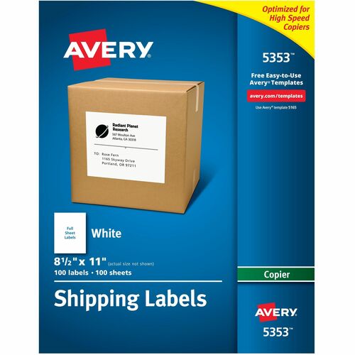 Avery® AVE5353 Copier Mailing Label - Permanent Adhesive - 8.50" Width X 11" Length - Rectangle - Laser - White - 100 / Box