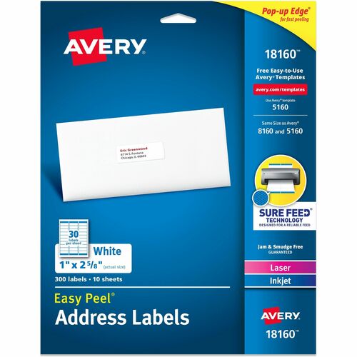Avery® AVE18160 Address Labels - 1" Width X 2.62" Length - Inkjet, Laser - White - 300 / Pack