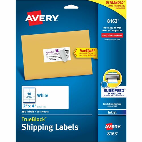 Avery® AVE8163 Address Label - Permanent Adhesive - 2" Width X 4" Length - 10 / Sheet - Rectangle - Inkjet - White - 250 / Pack
