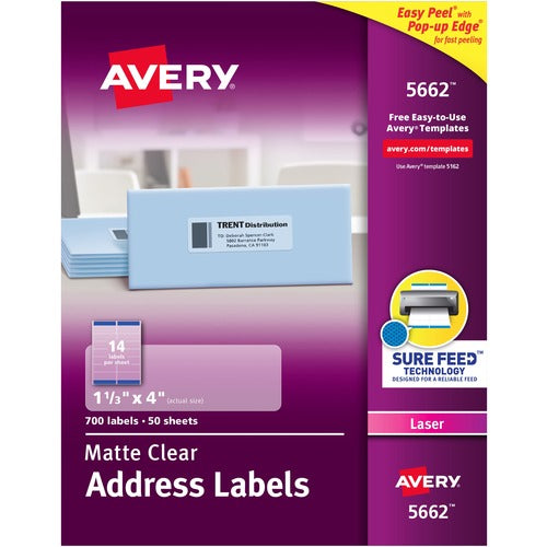 Avery® AVE5662 Easy Peel Address Label - Permanent Adhesive - 1.33" Width X 4.12" Length - 14 / Sheet - Rectangle - Laser, Inkjet - Clear - 700 / Box