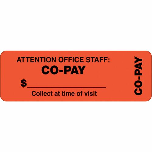 Tabbies TAB40566 Wrap-Around Label - "Collect At Time Of Visit", "Attention Office Staff: Co-Pay" - 3" Width X 1" Length - 500 / Roll - Rectangle - Fluorescent Red Orange - 500 / Roll