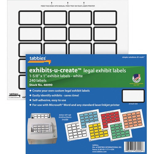 Tabbies TAB48090 Exhibit-U-Create Label - 1.62" Width X 1" Length - 20 / Sheet - Laser - White - 240 / Pack