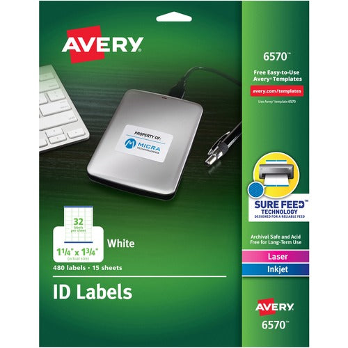 Avery® AVE6570 Permanent I.D. Labels - 1.25" Width X 1.75" Length - Laser, Laser - White - 480 / Pack