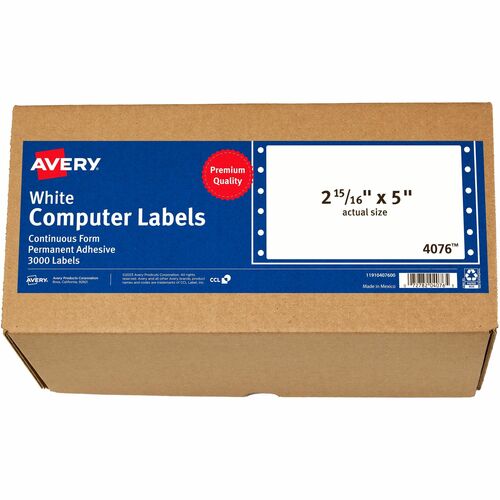 Avery® AVE4076 White Pin Fed Mailing Label - Permanent Adhesive - 5" Width X 2.93" Length - Rectangle - Dot Matrix - White - 3000 / Box