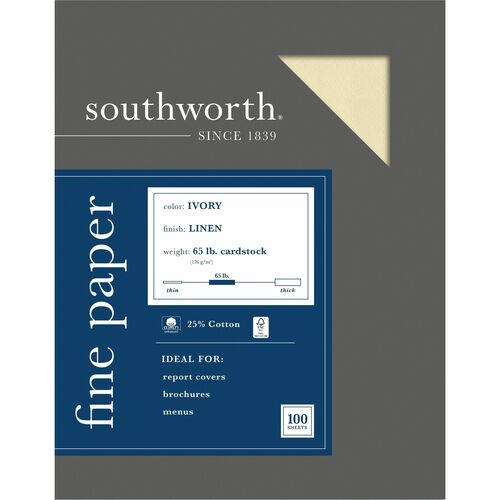Southworth SOUZ560CK 25% Cotton Linen Business Cover Stock - Letter - 8.50" X 11" - 65 Lb Basis Weight - Recycled - 55% Recycled Content - Linen, Textured - 100 / Box - Ivory