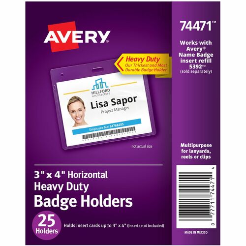 Avery® AVE74471 Top Loading Horizontal Badge Holder - 3" X 4" - Vinyl - 25 / Pack - Clear