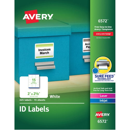 Avery® AVE6572 Id Label - Permanent Adhesive - 2" Width X 2.63" Length - 15 / Sheet - Rectangle - Inkjet, Laser - White - 225 / Pack