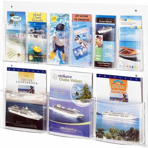 Safco SAF5666CL Clear2C Magazine/Pamphlet Display - 9 Compartment(S) - Compartment Size 7" X 2" X 9.12" - 23.5" Height X 28" Width X 3" Depth - Wall Mountable - Clear - Polycarbonate, Polyethylene - 1Each