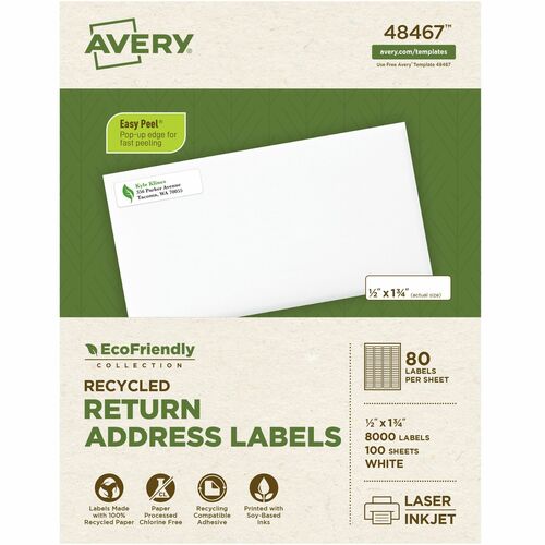 Avery® AVE48467 Mailing Label - Permanent Adhesive - "0.50" Width X 1.75" Length - 80 / Roll - Rectangle - Laser, Inkjet - White - Paper - 8000 / Box