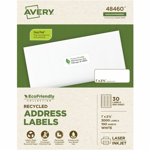 Avery® AVE48460 Mailing Label - Permanent Adhesive - "1" Width X 2.62" Length - 30 / Sheet - Rectangle - Laser, Inkjet - White - Paper - 3000 / Box