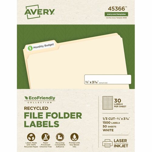 Avery® AVE45366 File Folder Label - Permanent Adhesive - "3.44" Width X 0.67" Length - 30 / Sheet - Rectangle - Laser, Inkjet - White - Paper - 1500 / Box