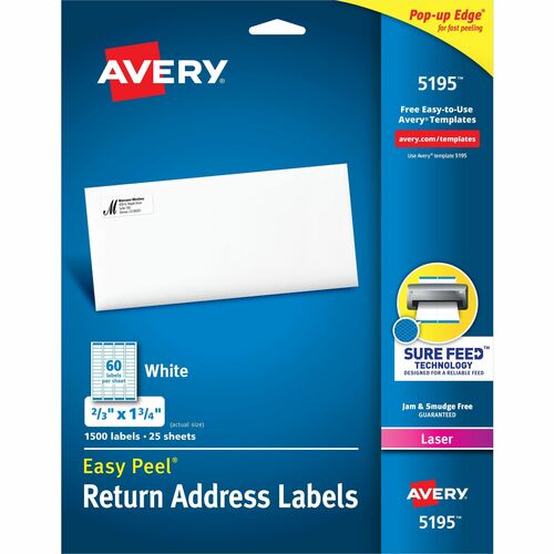 Avery® AVE5195 Easy Peel Return Address Label - Permanent Adhesive - 1.75" Width X 0.66" Length - 60 / Sheet - Rectangle - Laser - White - 1500 / Pack