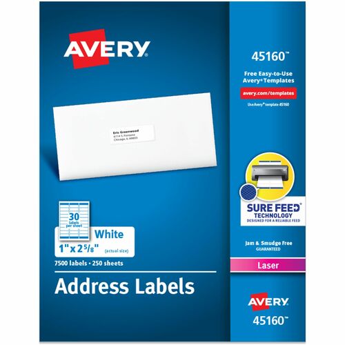 Avery® AVE45160 Easy Peel Address Label - Permanent Adhesive - 2.63" Width X 1" Length - 30 / Sheet - Rectangle - Laser - White - 7500 / Box