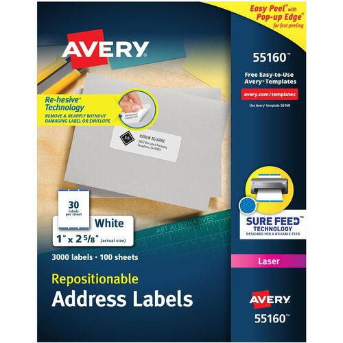 Avery® AVE55160 Repositionable Mailing Label - Removable Adhesive - 2.63" Width X 1" Length - 30 / Sheet - Rectangle - Laser - White - 3000 / Box