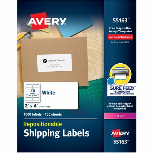Avery® AVE55163 Repositionable Mailing Label - Removable Adhesive - 4" Width X 2" Length - 10 / Sheet - Rectangle - Laser - White - 1000 / Box
