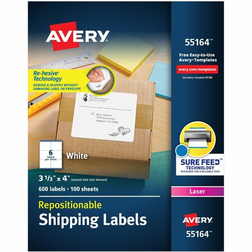 Avery® AVE55164 Repositionable Mailing Label - Removable Adhesive - 3.33" Width X 4" Length - 6 / Sheet - Rectangle - Laser - White - 600 / Box