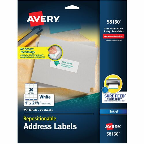 Avery® AVE58160 Repositionable Mailing Label - Removable Adhesive - 2.63" Width X 1" Length - 30 / Sheet - Rectangle - Inkjet - White