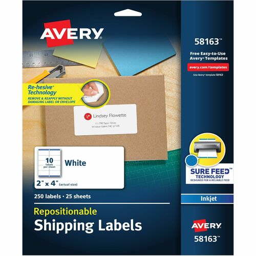 Avery® AVE58163 Repositionable Mailing Label - Permanent Adhesive - 4" Width X 2" Length - 10 / Sheet - Rectangle - Inkjet - White