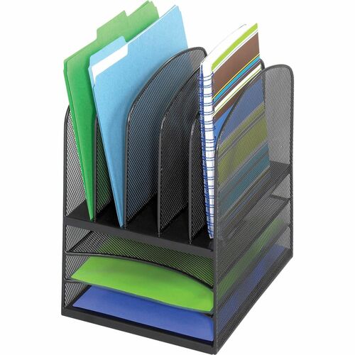 Safco SAF3266BL 3266Bl Mesh Letter Tray Desktop Organizer - 5 Compartment(S) - 13" Height X 11.4" Width X 9.5" Depth - Desktop - Black - Steel - 1Each