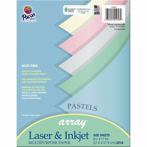 Pacon PAC101058 Array Bond Paper - Letter - 8.50" X 11" - 20 Lb Basis Weight - Recycled - 10% Recycled Content - 500 / Ream - Lilac, Gray, Ivory, Sky Blue, Watermelon