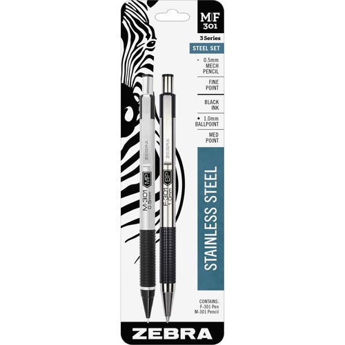 Zebra ZEB57011 Pen M/F301 Pen/Pencil Set - Fine Pen Point Type - 0.7 Mm Pen Point Size - 0.5 Mm Lead Size - Refillable - Black Ink - Stainless Steel Barrel - 1 / Pack