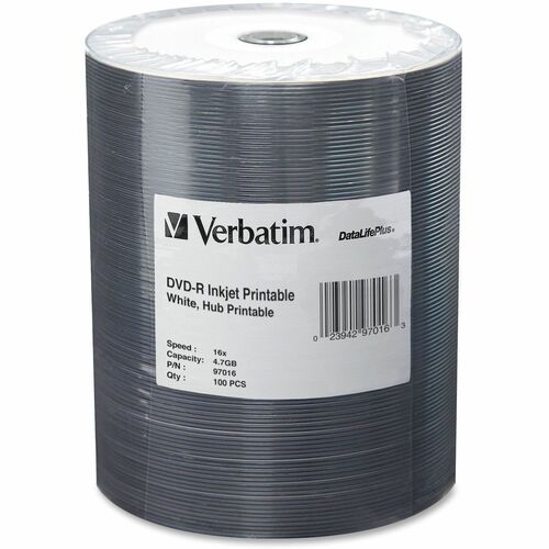 Verbatim VER97016 Dvd-R 4.7Gb 16X Datalifeplus White Inkjet Printable, Hub Printable - 100Pk Tape Wrap - Inkjet Printable