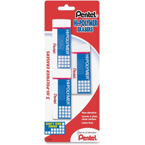 Pentel PENZEH10BP3K6 Hi-Polymer Eraser, Large - Lead Pencil Eraser - Tear Resistant, Scratch Resistant, Non-Abrasive, Soft, Protective Sleeve, Crack Resistant - Polyvinyl Chloride (Pvc) - 3/Pack - White