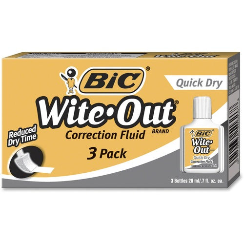 BIC BICWOFQD324 Wite-Out Quick Dry Correction Fluid - Foam Wedge Applicator - 0.68 Fl Oz - White - Quick Drying, Spill Resistant - 3 / Pack