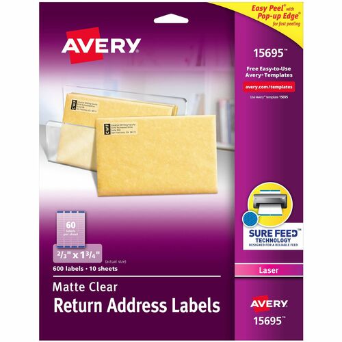Avery® AVE15695 Easy Peel Return Address Label - Permanent Adhesive - 0.67" Width X 1.75" Length - 60 / Sheet - Rectangle - Laser, Inkjet - Clear - 600 / Pack