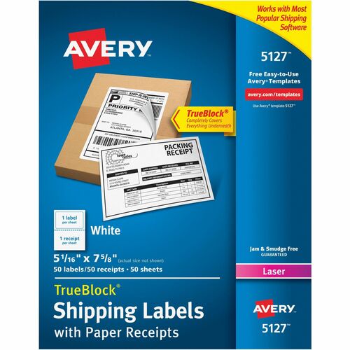 Avery® AVE5127 Shipping Label With Paper Receipt - Permanent Adhesive - 5.06" Width X 7.63" Length - 1 / Sheet - Rectangle - Laser - White - 50 / Pack