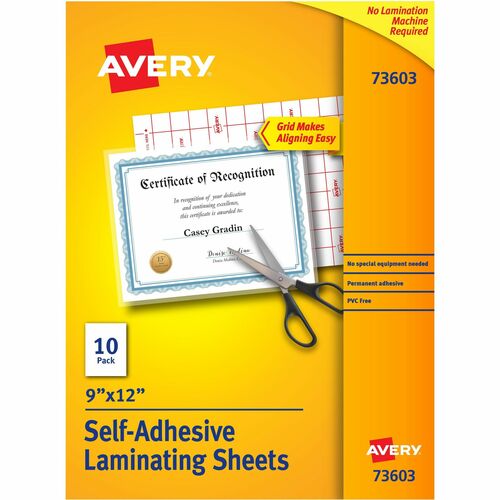 Avery® AVE73603 Self-Adhesive Laminating Sheets - Laminating Pouch/Sheet Size: 9" Width X 12" Length - Self-Adhesive - Clear - 10 / Pack