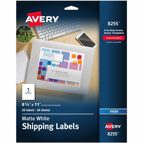 Avery® AVE8255 Color Printing Label - 8.50" Width X 11" Length - 1 / Sheet - Rectangle - Inkjet - White - 20 / Pack