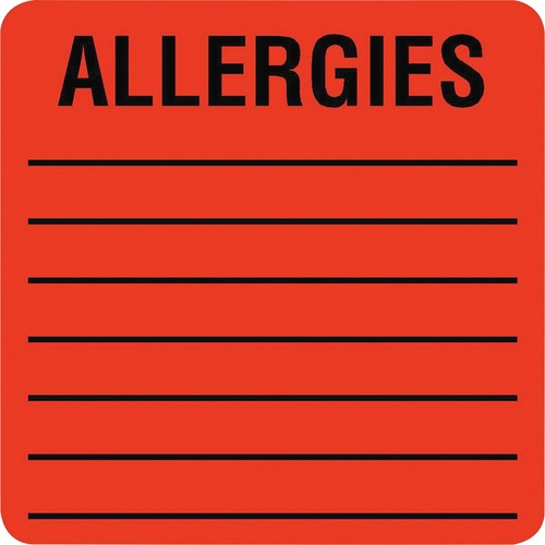 Tabbies TAB40560 Square Allergies Label - Permanent Adhesive - "2" Width X 2" Length - 500 / Roll - Square - Fluorescent Red - 500 / Roll