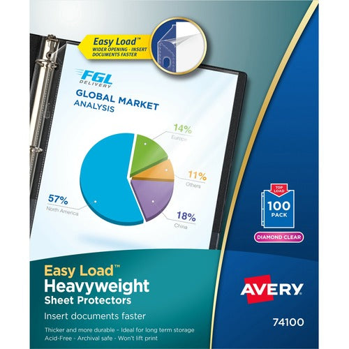 Avery® AVE74100 Diamond Clear Heavyweight Sheet Protectors 74100, Acid Free, Box Of 100 - 1 X Sheet Capacity - For Letter 8.50" X 11" Sheet - Ring Binder - Rectangular - Diamond Clear - Polypropylene - 100 / Box