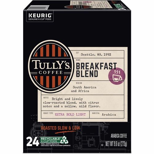 Tully's® Coffee GMT192719 K-Cup, Pod Breakfast Blend Keurig Single-Serve K-Cup Pods, Light Roast Coffee, 24 Count