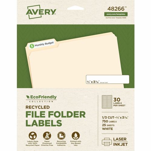 Avery® AVE48266 Ecofriendly Multipurpose File Folder Label - Permanent Adhesive - "0.67" Width X 3.44" Length - 30 / Sheet - Rectangle - Inkjet, Laser - White - Paper - 750 / Pack