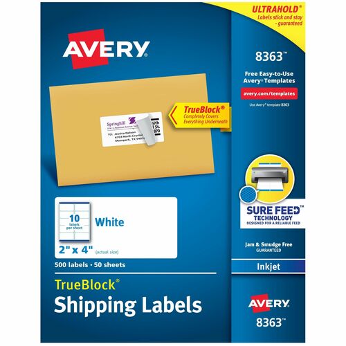 Avery® AVE8363 White Shipping Labels - Permanent Adhesive - 500 Label(S)" - 2" Width X 4" Length - 10 / Sheet - Rectangle - Inkjet - White - Paper - 500 / Box