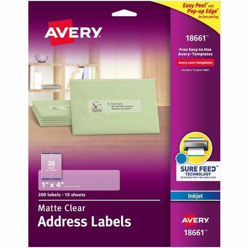 Avery® AVE18661 Easy Peel Mailing Label - Permanent Adhesive - 1" Width X 4" Length - 20 / Sheet - Rectangle - Inkjet - Clear - 200 / Pack